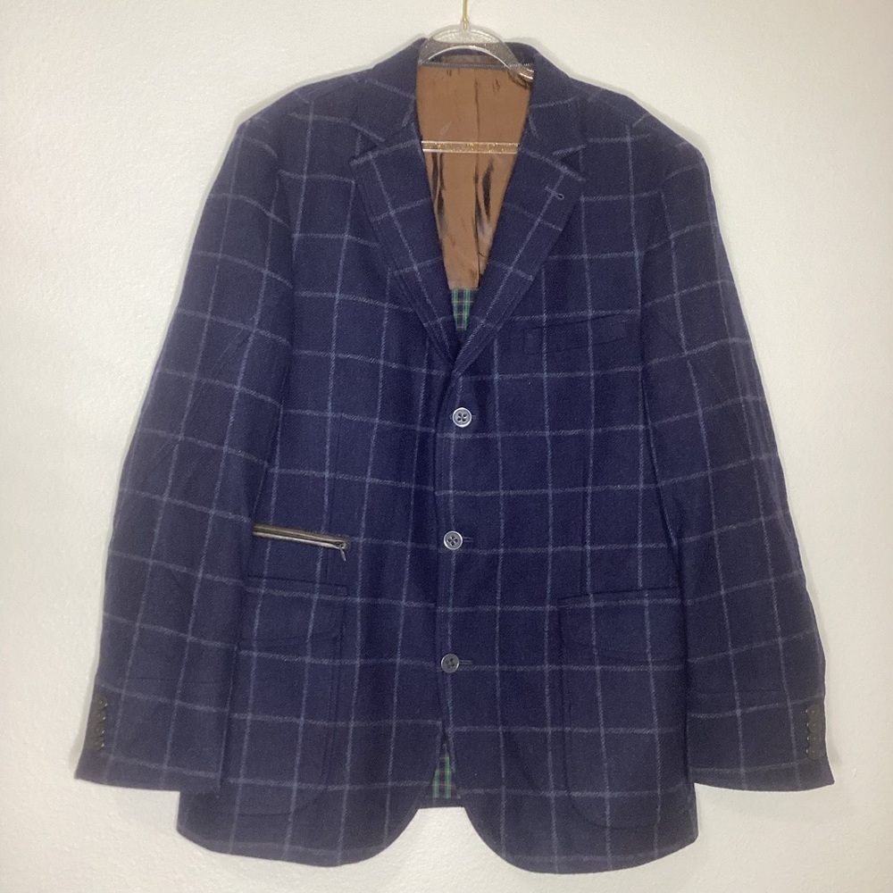 Custom Bespoke Sports Coat Wool Cashmere Navy Window Pane 42R
